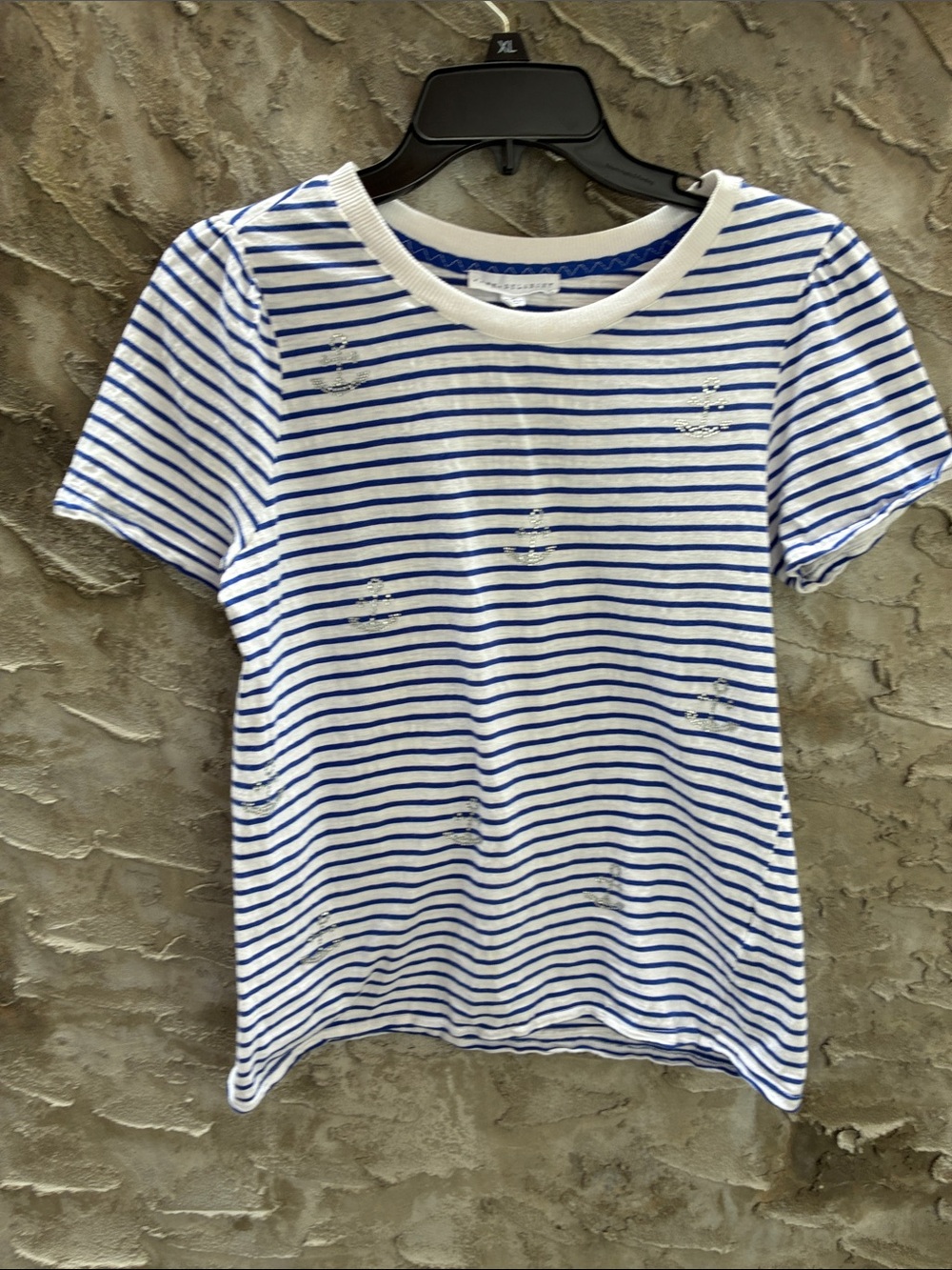 Jane and Delancey White Blue Striped Silver Anchors Bling Short puffed Sleeve M